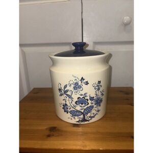 Ceramic White Canister With Blue Lid Floral Design Cookie Jar 7"